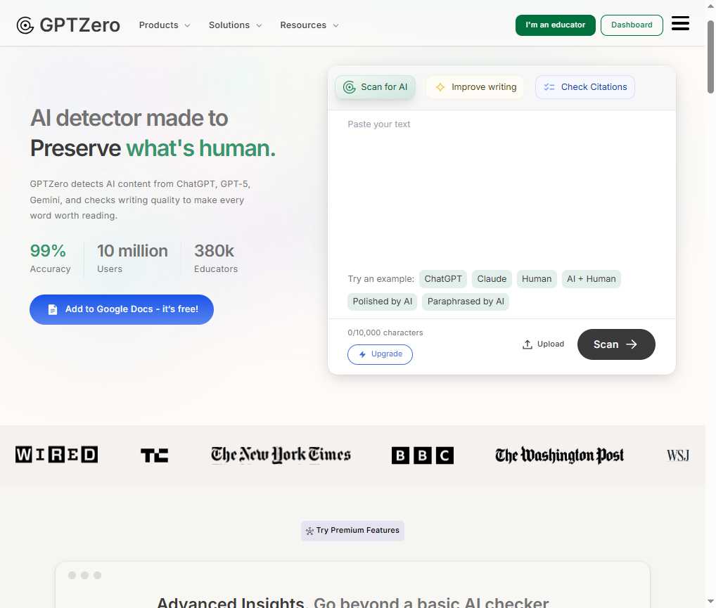 GPTZero 网站截图